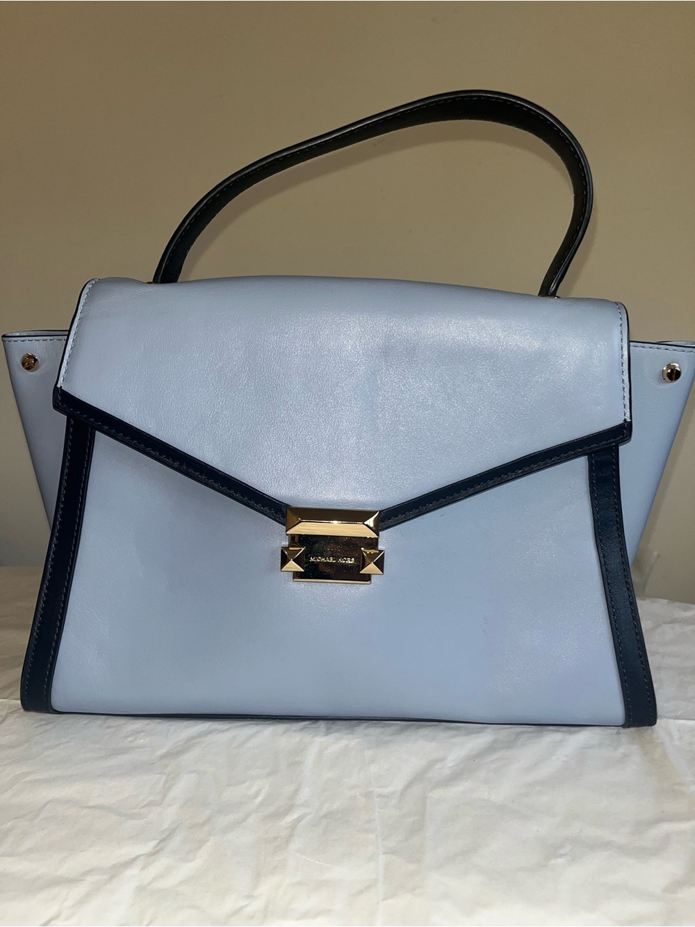 Michael Kors Pale Blue Leather Satchel with Navy Trim